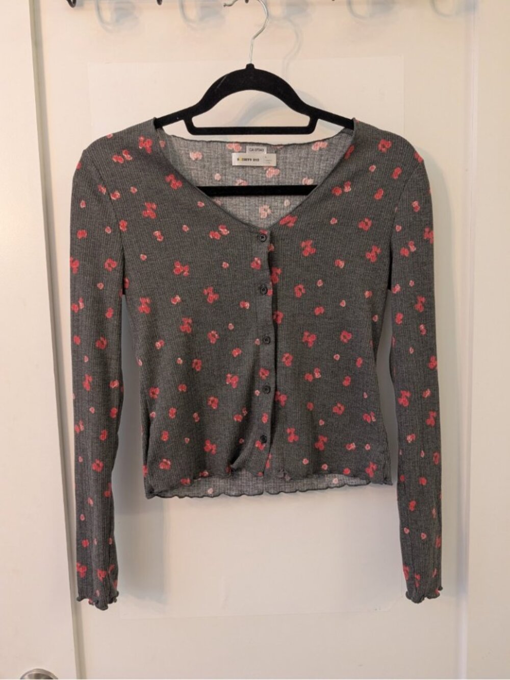 Society 212 Grey Ribbed Pink Floral Cropped Button Front Cardigan Top S